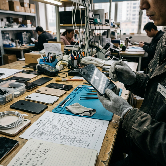 Realistic iPhone inspection desk grading iPhones